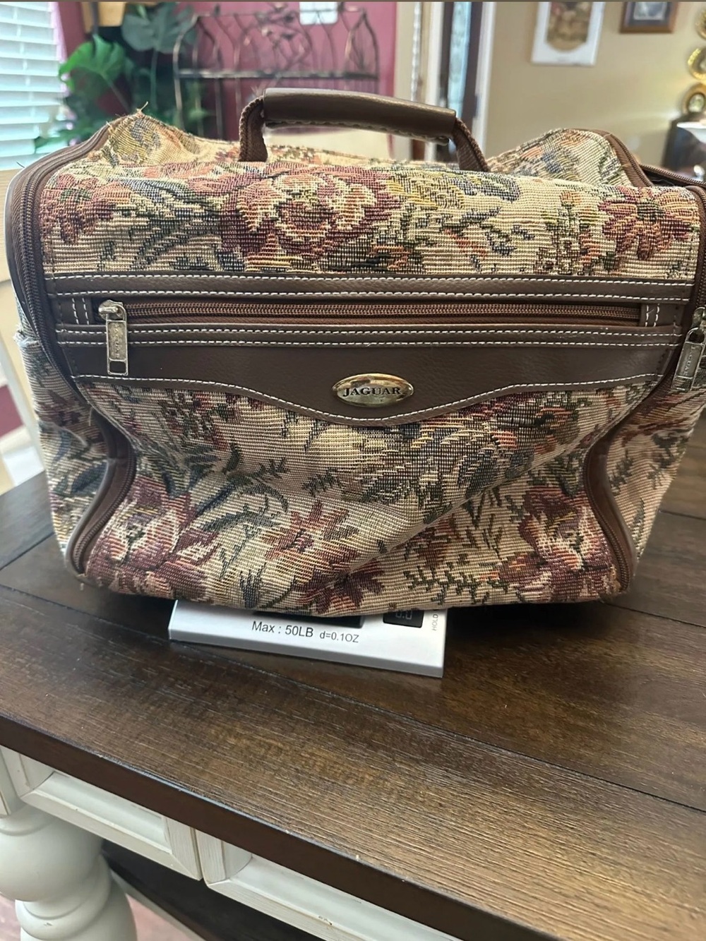 Vintage Jaguar Floral Tapestry Travel Bag - Brown & Beige